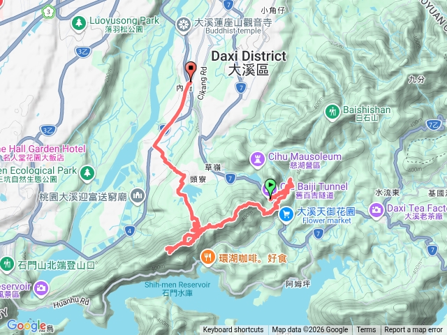 百吉林蔭步道-日出步道-頭寮山-頭寮山西南峰-內湳溝山-牛角湳山-林蒿壽山-溪石亭-溪洲山-石壁觀音-頭寮大池水上土地公-11指古道預覽圖