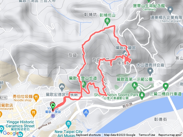 鶯歌火車站，北鶯公園，鶯歌石，鶯歌石山，牛灶坑山，龜公山(碧龍宮)，孫龍步道，回火車站O型