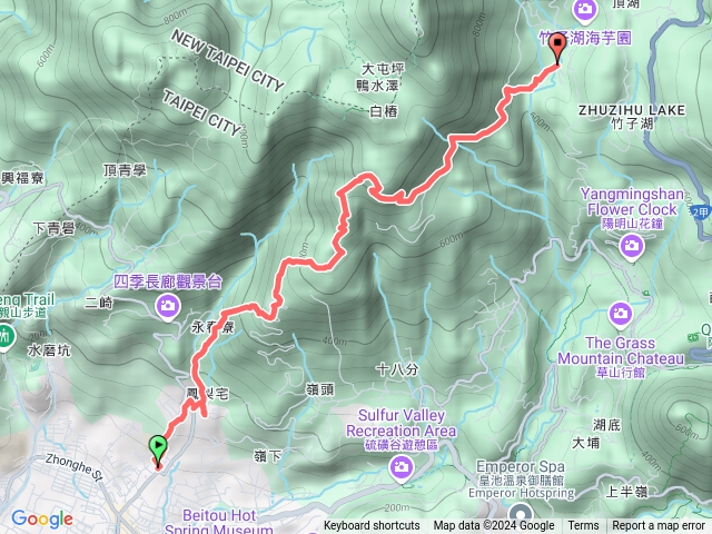 白宮山莊步道-永春寮步道-中正山停車場-支線山徑-中正山北峰-第一登山口-頂湖山北峰-青楓步道-竹子湖預覽圖