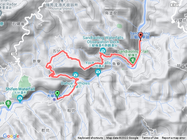 新北野人谷瀑布群: 野人谷遊樂區→侯門→觀音巖 →翠谷瀑布→子母雙瀑布→天雲瀑布→茵夢湖瀑布→雞董小瀑(滑瀑)→五分寮山→合谷瀑布頂→吊橋→合谷瀑布觀景台