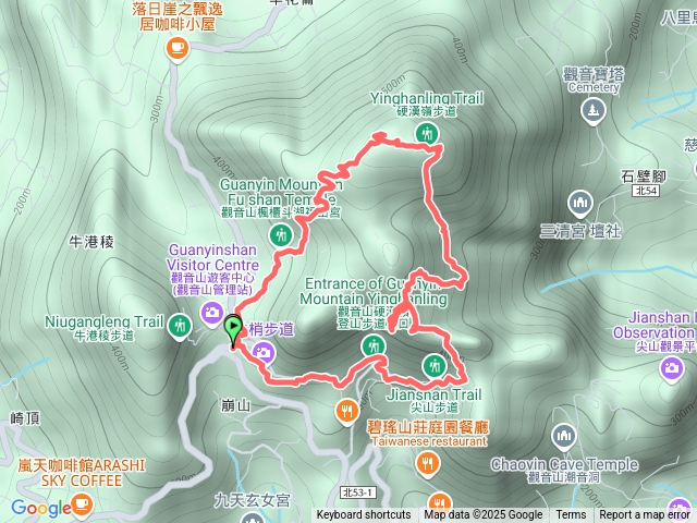 觀音山遊客中心往返O繞（林梢步道→凌雲寺硬漢嶺登山口→盤絲二尖→凌雲尖→龍女岩→駱駝嶺→北橫一段→硬漢嶺→硬姐嶺→風櫃斗湖步道）