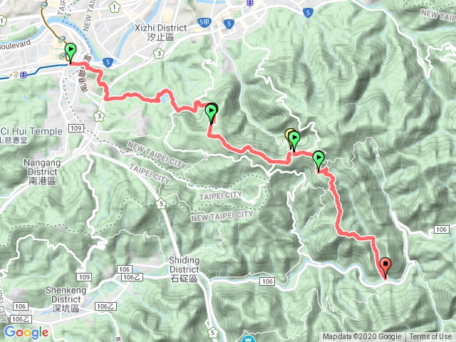 捷運南港展覽館6号出口→小南港山→白匏湖→白云寺→十三分山→纸寮山→松柏崎山→雞冠山→永定里