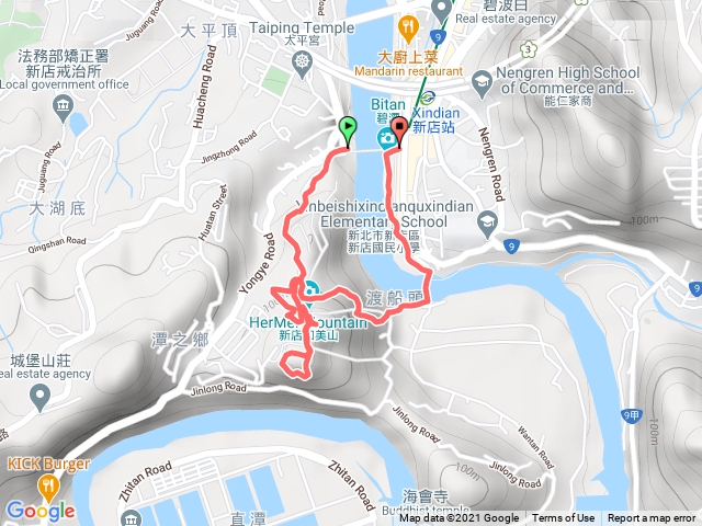 碧潭吊橋→和美山步道(由道路緩坡進入)→渡船頭→新店溪自行車道→碧潭吊橋