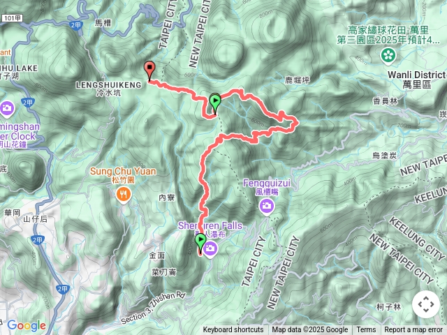 溪和宮→平頂古圳步道→荷蘭古道西側→高頂山→杏林山→瑞泉小徑→瑞泉古道→富士坪古道→富士坪山→大尖山→富士古道→石梯嶺步道→擎天崗