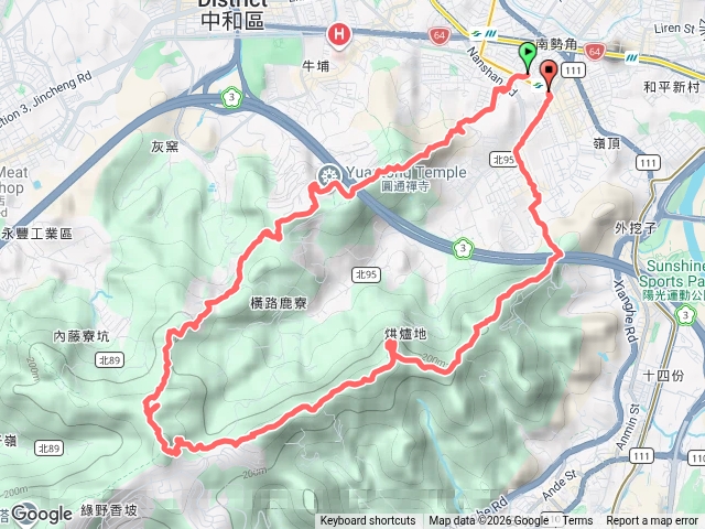 新北中和郊山行程 - 微笑山線（烘爐地土地公段)）漫遊景點尋寶任務：國勝嶺.迎日石.國旗嶺,圓通禪寺.佛字石刻.一線天,玉皇宮.牛埔頭山,五尖山,三清宮.南勢角山.光明頂.中和緬甸街O型縱走。.gpx預覽圖