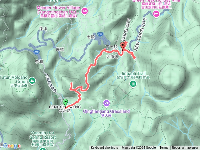 冷水坑服務站、雍來礦場、七股山、七股山古道、陽金公路、上磺溪停車場、下七股溫泉