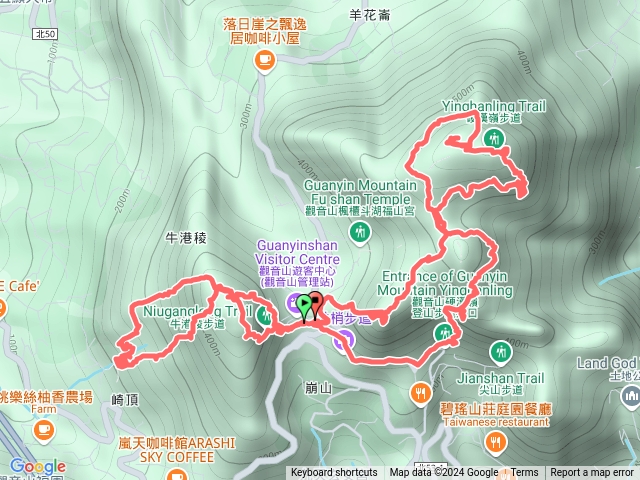 牛港稜山，廖添丁洞，龍女岩，硬漢碑，眾樂園，雙亭，469峰，開山嶺，小鷹尖，遊客中心0型。