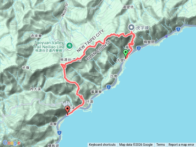 20260317頭城-雪山尾稜第3段-大里-草嶺古道-虎字碑-草嶺山-灣坑頭山-福德山-桃源谷-蕃薯寮山-大溪