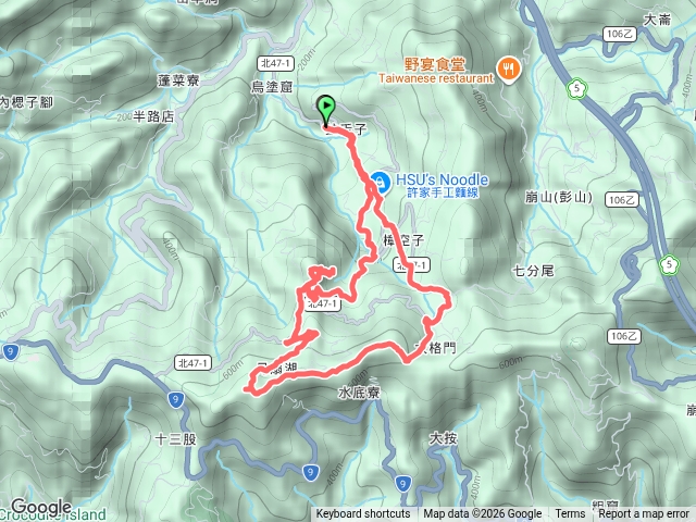 四分子古道～月扇湖山、基點峰～月扇湖保甲路～粗坑崙山、東峰～大格門～北47-1鄉道～四分子古道。（新北石碇）預覽圖