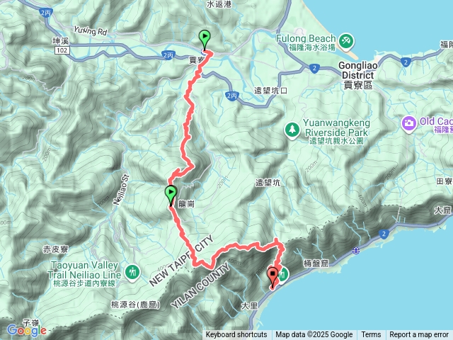 貢寮火車站-貢寮老街-大嶺古道-大石壁坑山北峰-大石壁坑山-龍字碑-五酒桶山-龍崗山稜線-龍崗山-灣坑頭山-下草嶺古道埡口-虎字碑-大里天公廟