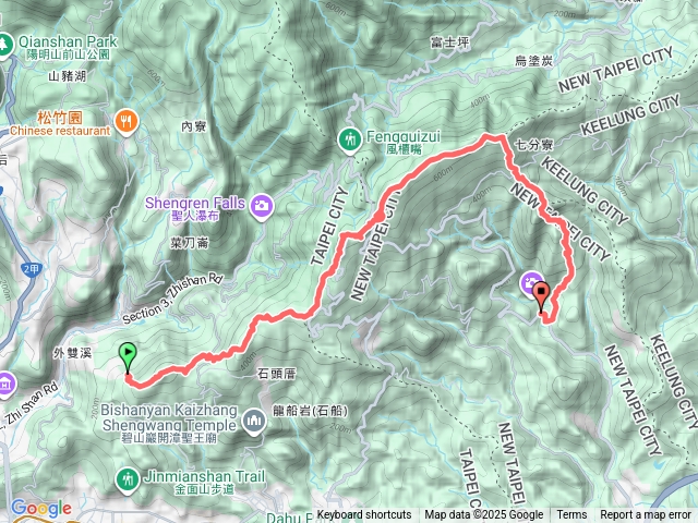 (大崙尾山越嶺新山夢湖)翠山步道→長壽坡→大崙頭山自然步道→大崙頭山友會館→碧山→五指山古道→雙溪溝古道→梅花山→忠孝路→友蚋山步道→新山→夢湖→汐萬路
