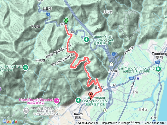 關聖宮-四堵溪畔古道-後湖子山-鴨水池-鴨水崙—鵲子山-鵲子山東北峰-跑馬古道-迴音谷瀑布-猴洞坑瀑布-礁溪轉運站