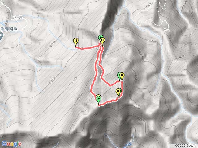 加里山~大坪登山口  取右上杜鵑嶺路程好長 登加里山3角點取左鹿場登山口下…………攀岩石下 取左續往二坪 過風美溪接鐵軌下山~~硬啊6小時多