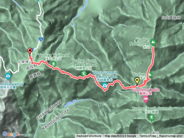 玉山登山步道，第二天回程路線，排雲山莊，圓峰山屋叉路，鐵流籠，玉山北峰，北峰氣象站，玉山主峰，大峭壁，白木林休憩亭，玉前登山口，生態廁所，孟祿亭，玉山登山口，上東埔停車場