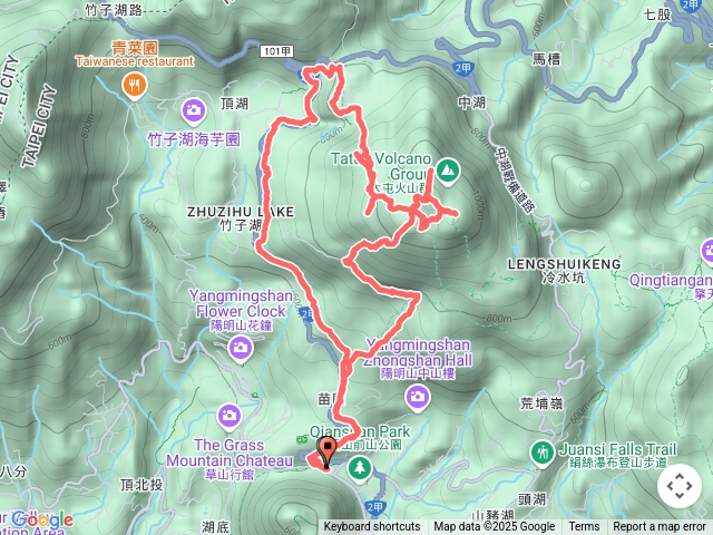 陽明山公車總站-苗圃步道-七星山南南峰-金露山-七星山南峰-凱達格蘭山-七星山東峰-七星山主峰-七星山北峰-七星山西峰-摘星峰-七星山西北峰-小油坑山-陽明山公車總站-