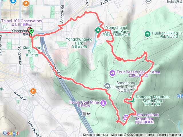 象山站~永春埤濕地公園~豹山峰~1號攀岩~九五峰~南港山~4號攀岩~5號攀岩~南港山南峰~象山峰~象山站預覽圖