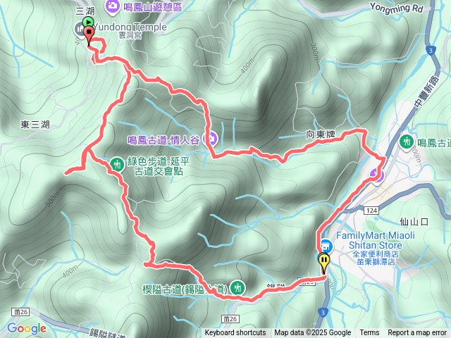 20251025鳴鳳古道→南隘勇古道→三湖山→南隘勇古道→綠色古道→錫隘古道→苗26縣道→台3義民廟→鳴鳳古道大O型縱走預覽圖