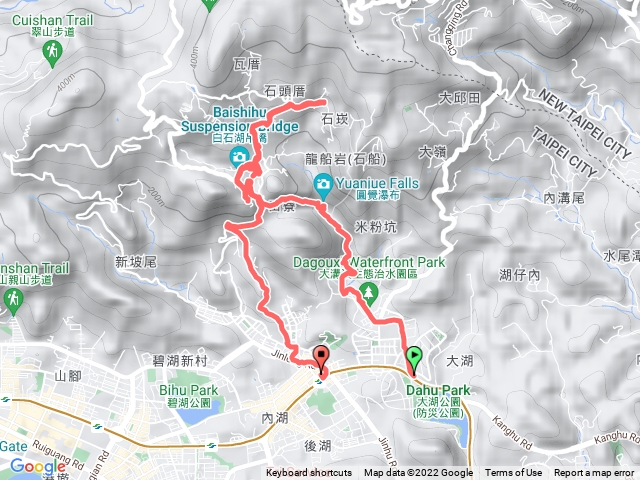 捷運大湖公園站-圓覺瀑布-圓覺寺-白石湖吊橋-捷運內湖站