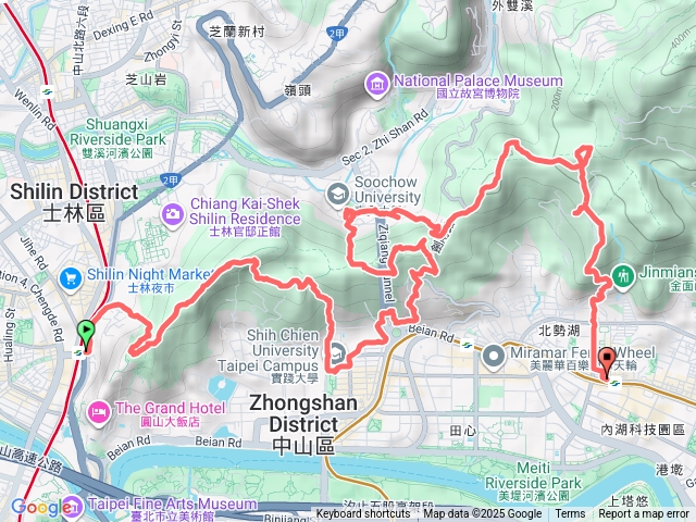 劍潭捷運站-劍潭山-靜修宮山-文間山-貓九山-文間山西峰-鄭成功廟山-劍南山東峰-西湖山北峰-西湖山北北峰-西湖山-小金面山-西湖捷運站預覽圖