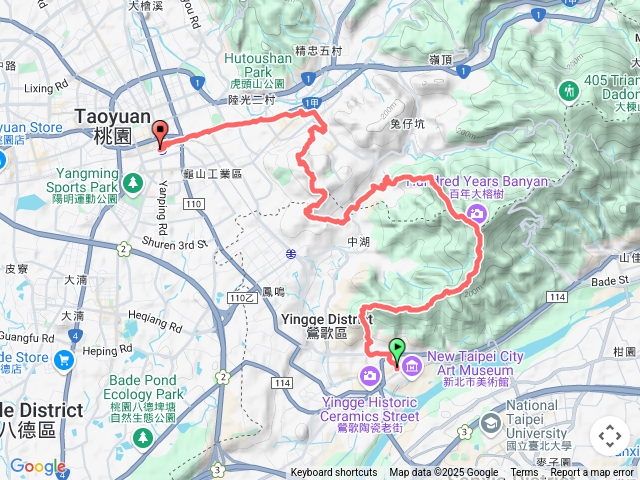 鶯歌火車站--鶯歌石山--大榕樹--福源山步道--山子頂山--憲光二村--曹順和號--桃園軌道院景館
