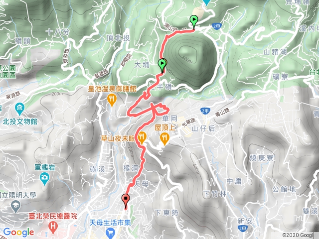 陽明山公車總站→湖山綠地→橫嶺古道→半嶺步道→翠峰瀑布→天母古道→水管路