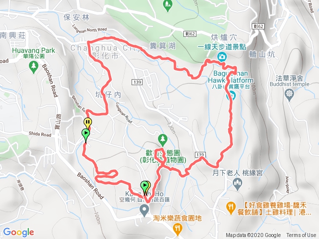 彰師大後門上到三清宮→歡喜園→好漢坡下→虎岡路上右轉→賞鷹平台下→一線天秘境→八卦禪寺→彰師大後門O型健走