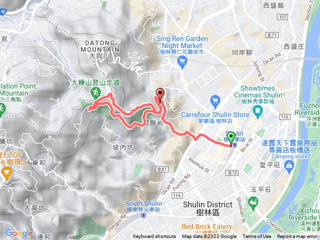 樹林火車站後站-走樹德街至大安路-勝安宮牌樓下起登-南寮土地公-大同山步道登山口-大同山土地公237m三角點-青龍嶺-產業道路到新樂園餐廳