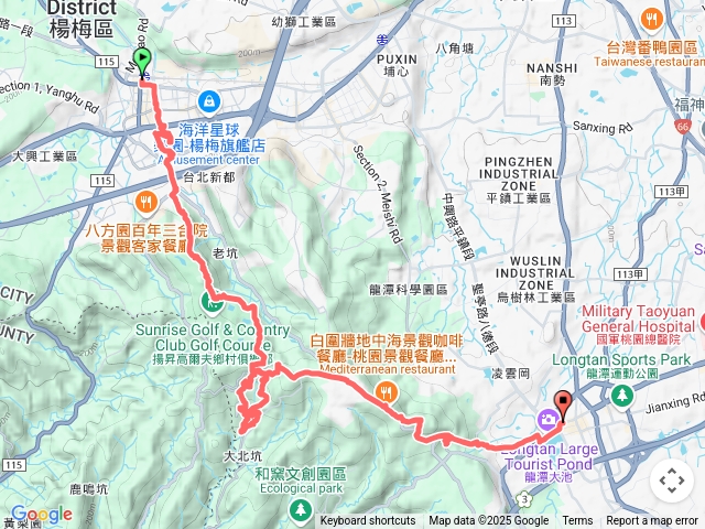 楊梅車站→老坑溪步道→石門大圳→貴山客家文化公園→龜山頭山→福人步道→龍潭大北坑休閒農業園區→江厝→龍泉步道魯冰花海→大北坑山→乳姑山→福源茶廠→龍潭大池