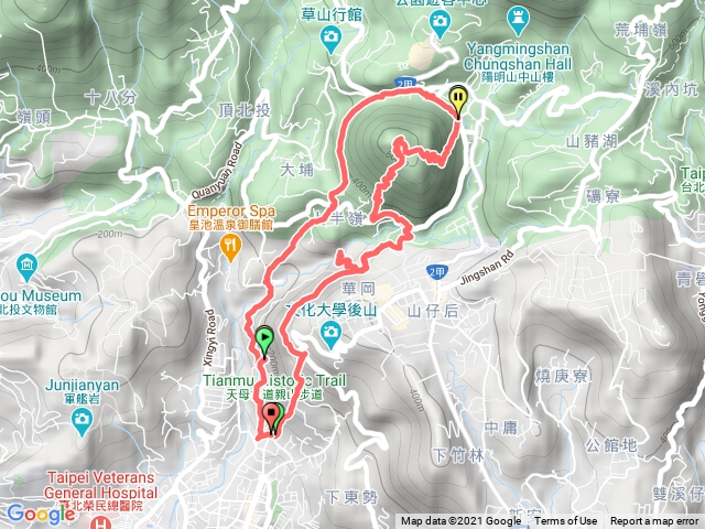 天母古道->翠峰瀑布-》紗帽山-〉前山公園-》半嶺步道