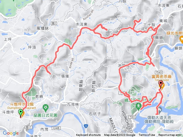 頭份上斗連走富興─上斗站→頭份後花園步道→楓香林→楓林吊橋→老崎坪頂山→庄頭伯公→水流東山→富興頭山→富興后山→峨嵋湖→細茅埔吊橋→富興站