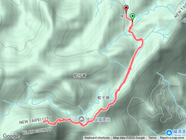 停車場（登山口）-過橋-過溪-第2次過溪-叉路口、右轉土地公廟-在來右轉-太合山（金殿）原路回-右轉土地公廟-土地公廟左轉-叉路口（左轉）-過溪-第2次過溪-過橋右轉-停車場（完登）