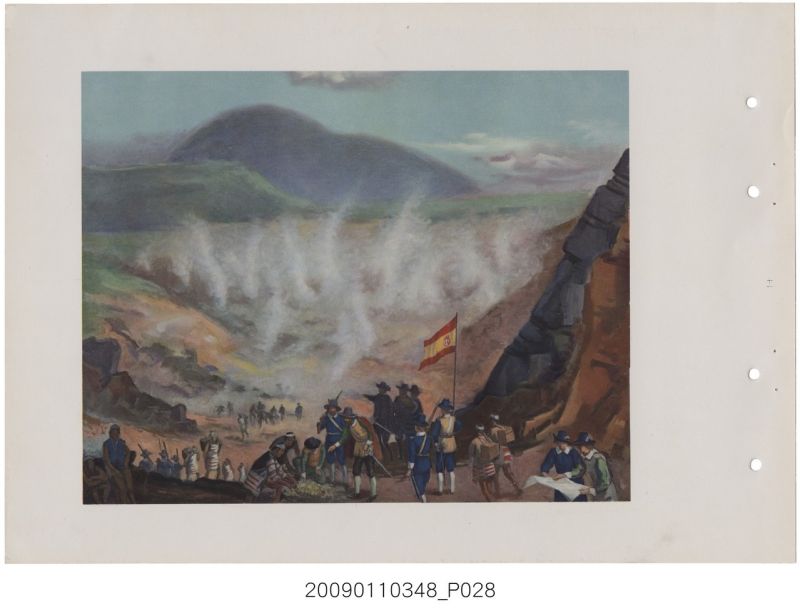 17世紀西班牙人在陽明山區採硫的想像圖。(館藏號2009.011.0348) 。...