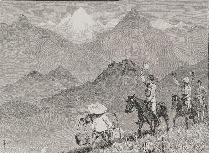 格利馬尼一行人告別萬金之景象，圖中雄偉的山脈為中央山脈。此圖繪於1890年。圖／...