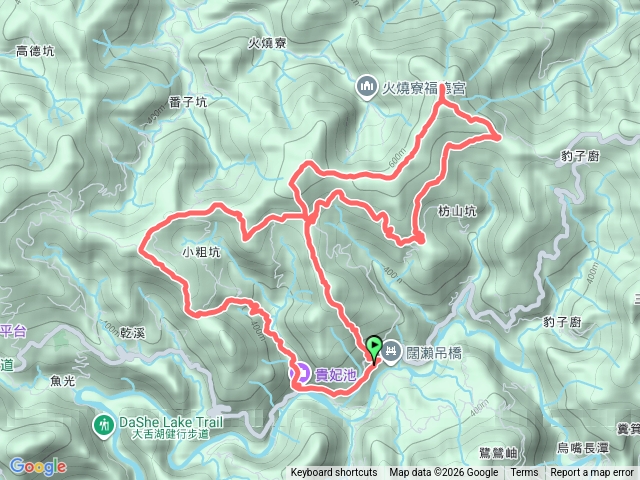 英速魔法學院→小粗坑古道→小粗坑山→番子坑越嶺古道→枋山坑山→中坑頭鞍部→枋山坑古道→枋山坑崙→楣子寮尖→英速魔法學院。預覽圖