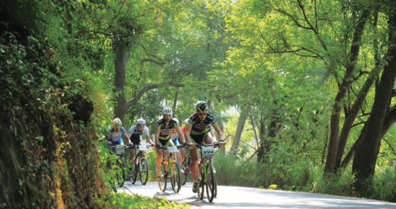 長青自行車道從田中森林公園到橫山出口總長7100公尺而名「7100路線」，綠蔭遮蔽處坡度緩和，也有多處陡坡挑戰體力耐力。 圖／交通部觀光局提供