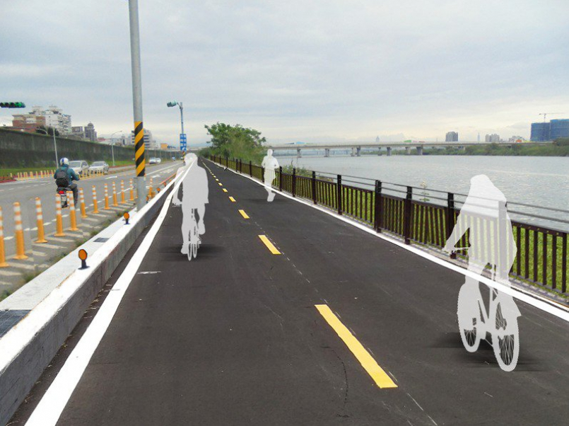 大漢溪左岸改善後示意圖，自行車道寬度將提升騎乘安全性。圖／新北市水利局提供