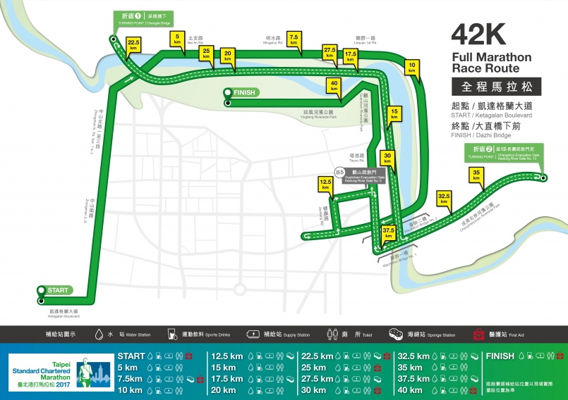 2017 台北渣打公益马拉松全马组路线,补给图(图片来源:2017 台北渣打