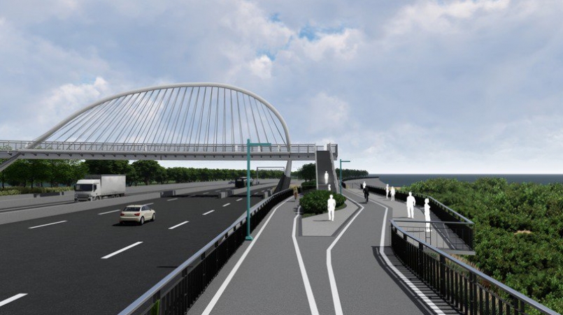 竹市知名地標豎琴橋旁明年2月將有堤頂賞夕平台。示意圖／新竹市政府提供