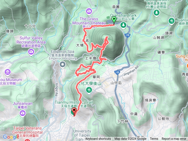 陽明山公車總站～湖山國小步道～紅壇～橫嶺古道～紗帽山（翹臀山）/觀景平台～大埔登山口～松溪瀑布～半嶺水圳道～吊橋～猴洞溪古道～翠峰瀑布～天母古道～天母圓環