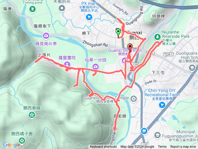 20241222 關西老街 天主教堂 仙草一分田 南山大橋 羅屋書院 上南片山登山口 孛子園山登山口渡南古道 孛子園山登山口（北）渡船頭橋 牛欄河親水步道 所長宿舍 太和宮