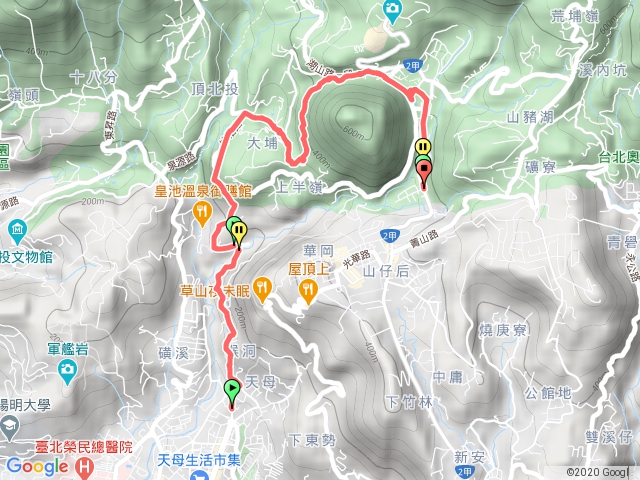 天母→猴洞產業道路→湖山→欄杆橋頭福德宮→半嶺步道→橫嶺古道→前山公園→陽明醫院舊址