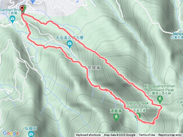 竿尾崙登山口~竿尾崙山~小觀音山西北峰~大屯溪古道防迷樁321~三板二橋~竿尾崙登山口