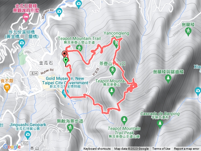 勸濟堂-櫻花步道-金手指-牛伏礦體-日月洞-黃金洞-復興山-黃金犬-煙囪稜-四層坪-勸濟堂O型