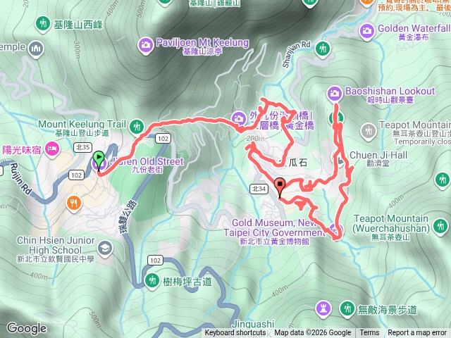 (瑞芳九份)山尖觀光步道(起：九份老街；訖：黃金博物館；經：三層橋、石山橋、水圳橋、一線天、金福宮、金泉寺、八角亭、金瓜石醫院舊址、祈堂老街、勸濟堂、報時山觀景臺)預覽圖
