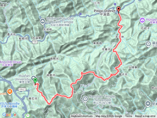 華梵大學→石碇大崙→南勢坑山→鑽石峰→獅公髻尾山→伏獅山→芊蓁坑保甲路→芊蓁坑越嶺古道(部份路徑不明)→番子坑古道→番子坑農路→東勢格派出所→紫來產業道路→白鶯橋