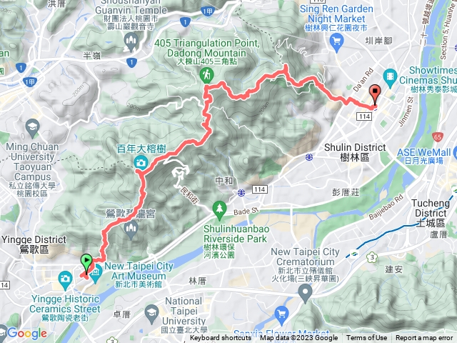 大棟山縱走鶯歌車站→鶯歌石步道→ 光明山稜線→ 百年大榕樹→ 石灰坑山望湖山→ 大棟山→ 青龍嶺→ 大同山觀景平台→ 樹林車站