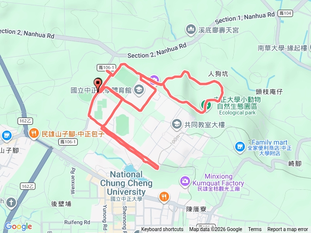 中正大學校內主要道路一圈（啟終點為棒球場停車場）