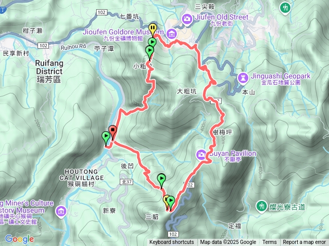 金字碑古道⮕三貂崙⮕不厭亭⮕樹梅坪古道⮕九份老街⮕小粗坑古道，O型