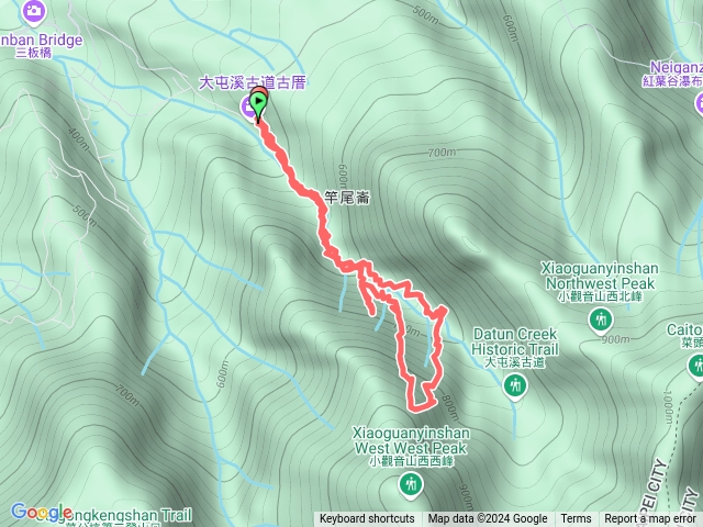 大屯溪古道-好漢坡- 金童嶺-明月瀑-魅力坡-玉女嶺-女王尖-月牙尖-清淨嶺-文筆嶺-清風崙-神勇坡-仰天嶺-神雁關-大屯溪古道P字型走預覽圖