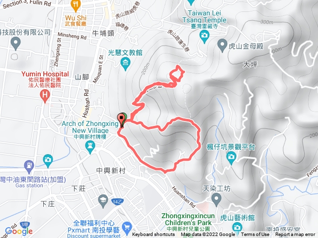 虎山步道之5，省府大樓旁步道入口進，沿著白線中間的產業道路前行，繞到至高點返回，行至步道入口二左轉續行，到31倉庫旁的步道入口三出，遇環山路右轉，續行返回出發點。